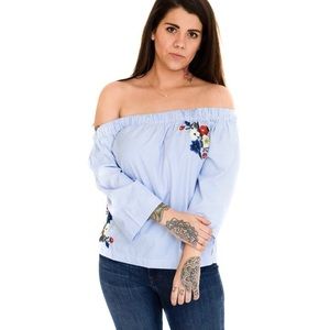 Ripe Off Shoulder Blue & White Pinstripe Embroidered Floral Top Medium BNWT